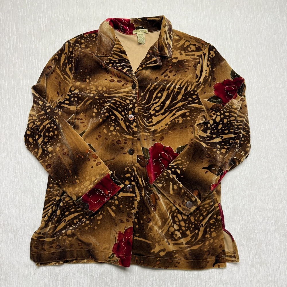 Vintage Islander Velvet Button Up Blouse Womens Large Brown Rose Animal Print